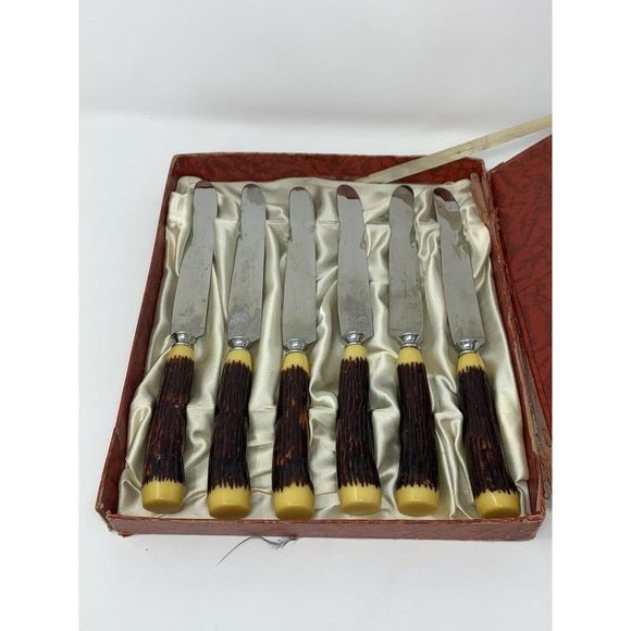 Rare VTG Glo-Hill FAUX STAG BONE And BAKELIGHT DINKEE KNIVES Boxed Set 6 - Picture 4 of 12